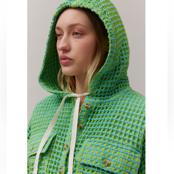 NWT UO Waffle Neon Baja Beach Stanley Pullover Button Pocket Hoodie - Picture 3 of 5